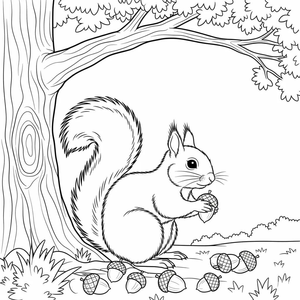 Ein niedliches Eichhörnchen sammelt Eicheln unter einem großen Baum im herbstlichen Wald. Die Szene zeigt den Herbst in seiner schönsten Form.