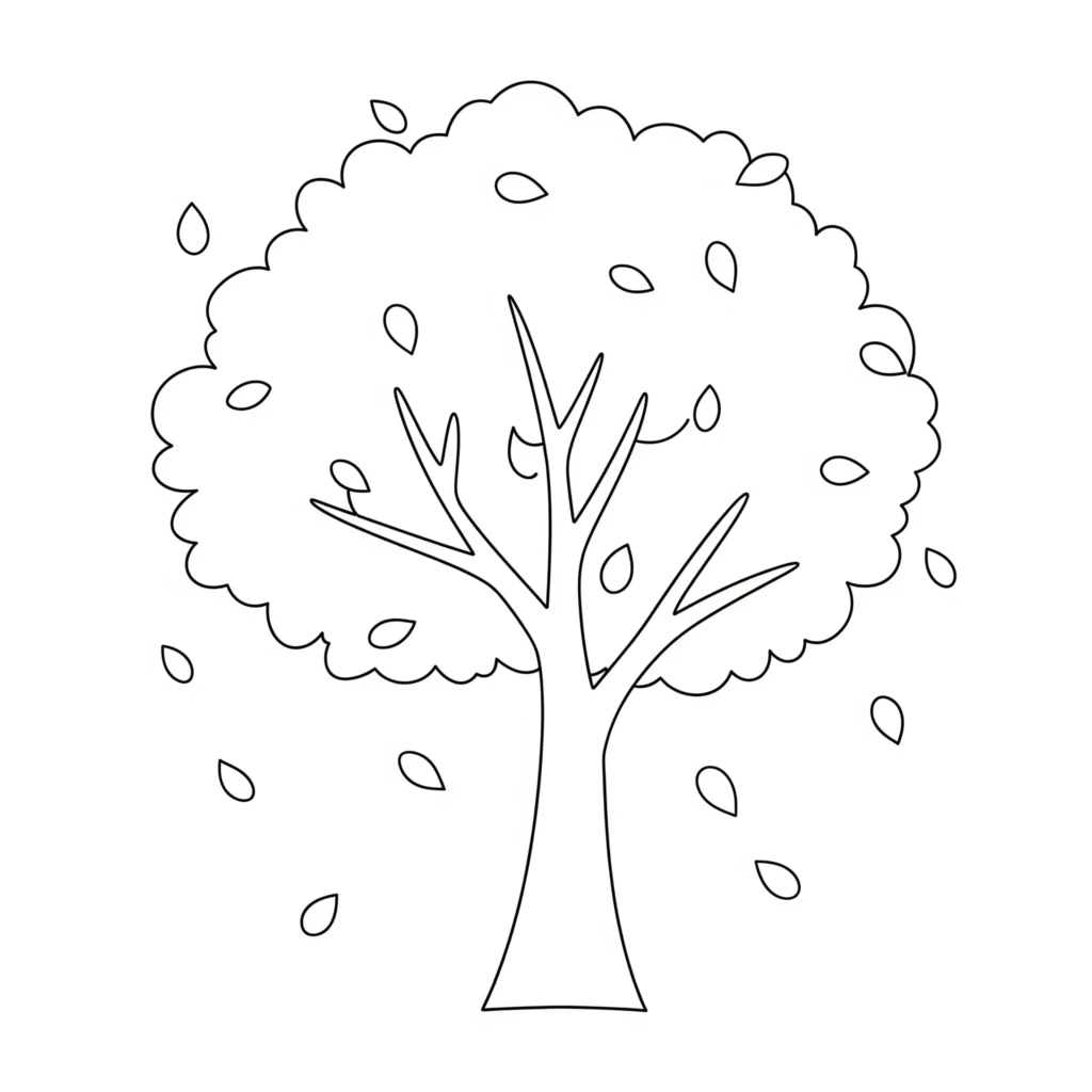 Ein schlichter Baum verliert seine bunten Herbstblätter. Kinder können die Blätter in verschiedenen Farben ausmalen und die herbstliche Szene kreativ gestalten.