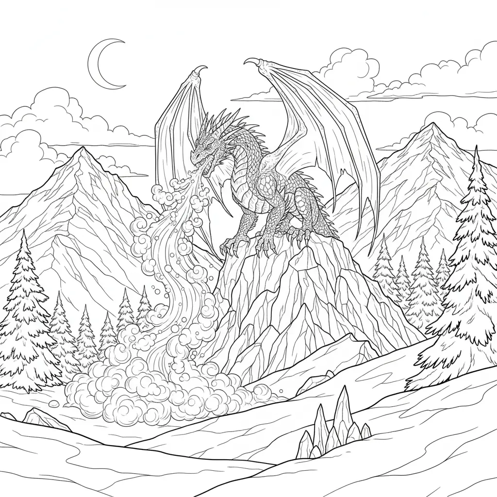 Eisdrache auf einem vereisten Berg zum Ausmalen und Ausdrucken