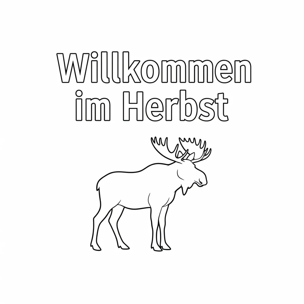 Ein freundlicher Elch steht unter dem Schriftzug „Willkommen im Herbst“. Kinder können den Elch, die Schrift und herbstliche Details bunt gestalten.