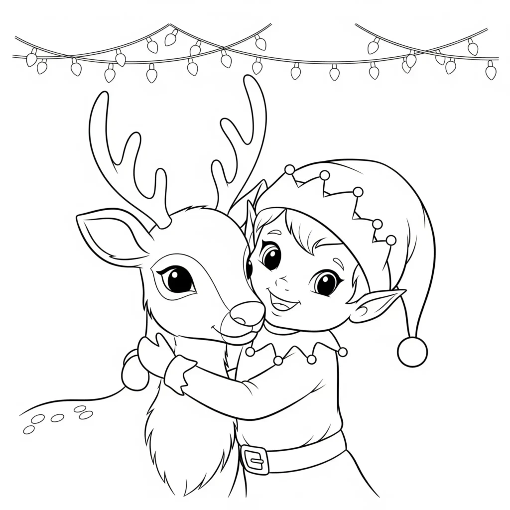 Elfen Ausmalbilder (Kostenlos Malvorlage PDF zum Ausdrucken) elfen ausmalbild kinder zeigt eine elfe die fröhlich neben einem rentier steht in einer winterlichen szene