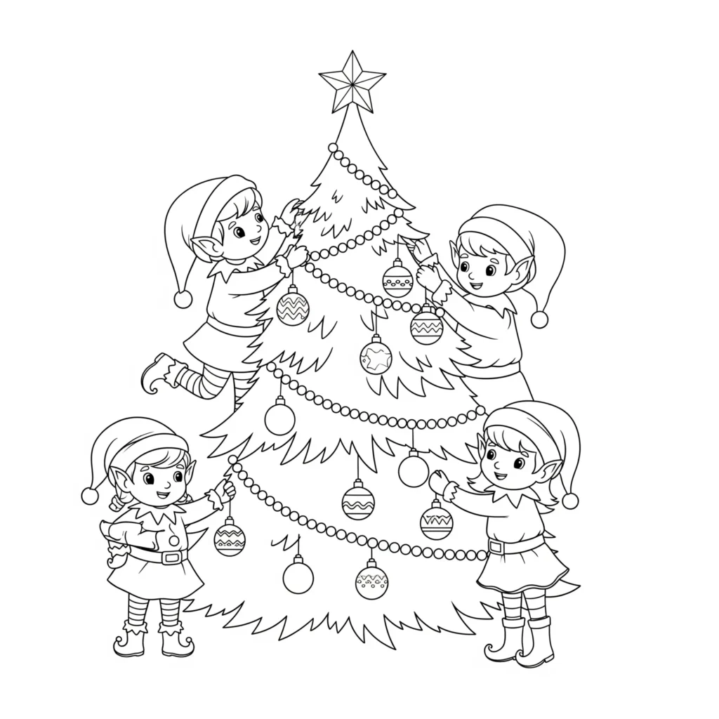 Elfen Ausmalbilder (Kostenlos Malvorlage PDF zum Ausdrucken) elfen ausmalbilder kinder zeigt eine elfengruppe die gemeinsam einen weihnachtsbaum schmückt zum ausdrucken