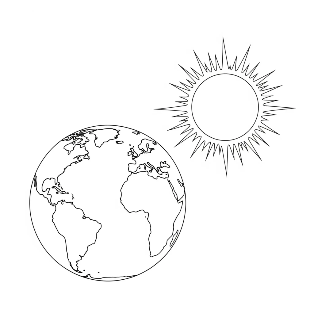 Ausmalbild mit der Erde und der Sonne im Weltraum, ideal für Kinder zum Ausdrucken und spannendes Ausmalen unseres Sonnensystems