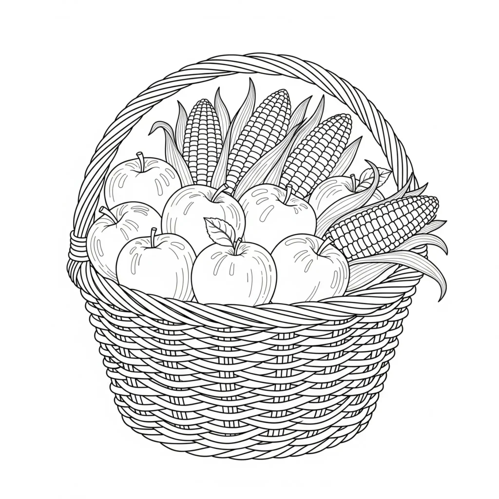 Ein großer Korb ist gefüllt mit Äpfeln und Mais, umgeben von herbstlichen Blättern. Kinder können Früchte, Korb und Blätter farbenfroh gestalten.