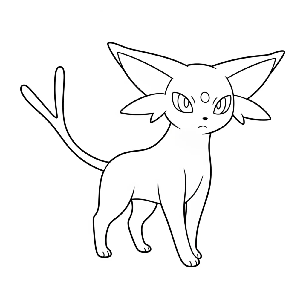 20 Evoli Ausmalbilder (Gratis Pokémon Malvorlage drucken) espeon evoli ausmalbild zeigt das psychopokemon in elegantem pose bei sonnenschein als ruhige malvorlage zum ausdrucken für kinder