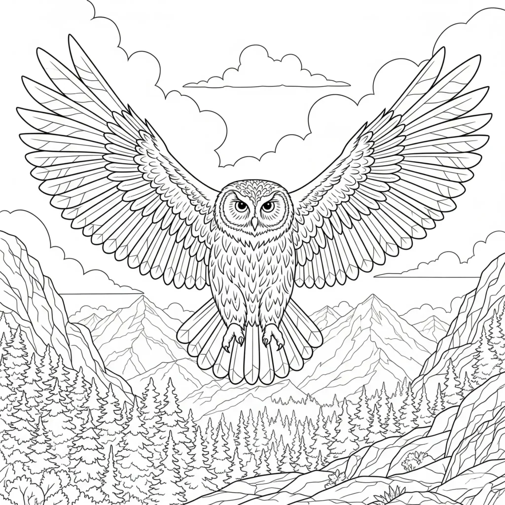 16 Eule Ausmalbilder (Kostenlos Eulen Malvorlage zum drucken) Eule fliegt über einen Wald als Ausmalbild zum Ausdrucken für Kinder im PDF-Format