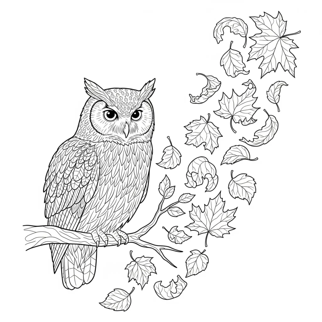 16 Eule Ausmalbilder (Kostenlos Eulen Malvorlage zum drucken) Eule umgeben von Herbstblättern als Ausmalbild für Kinder zum Ausdrucken im PDF-Format