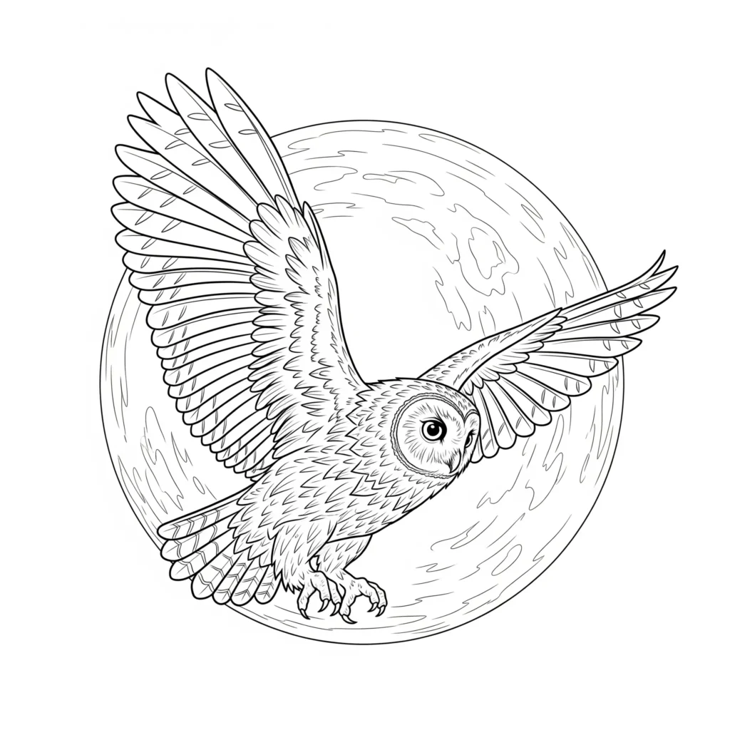 16 Eule Ausmalbilder (Kostenlos Eulen Malvorlage zum drucken) Eule sitzt neben dem Mond als Ausmalbild für Kinder zum Ausdrucken im PDF-Format