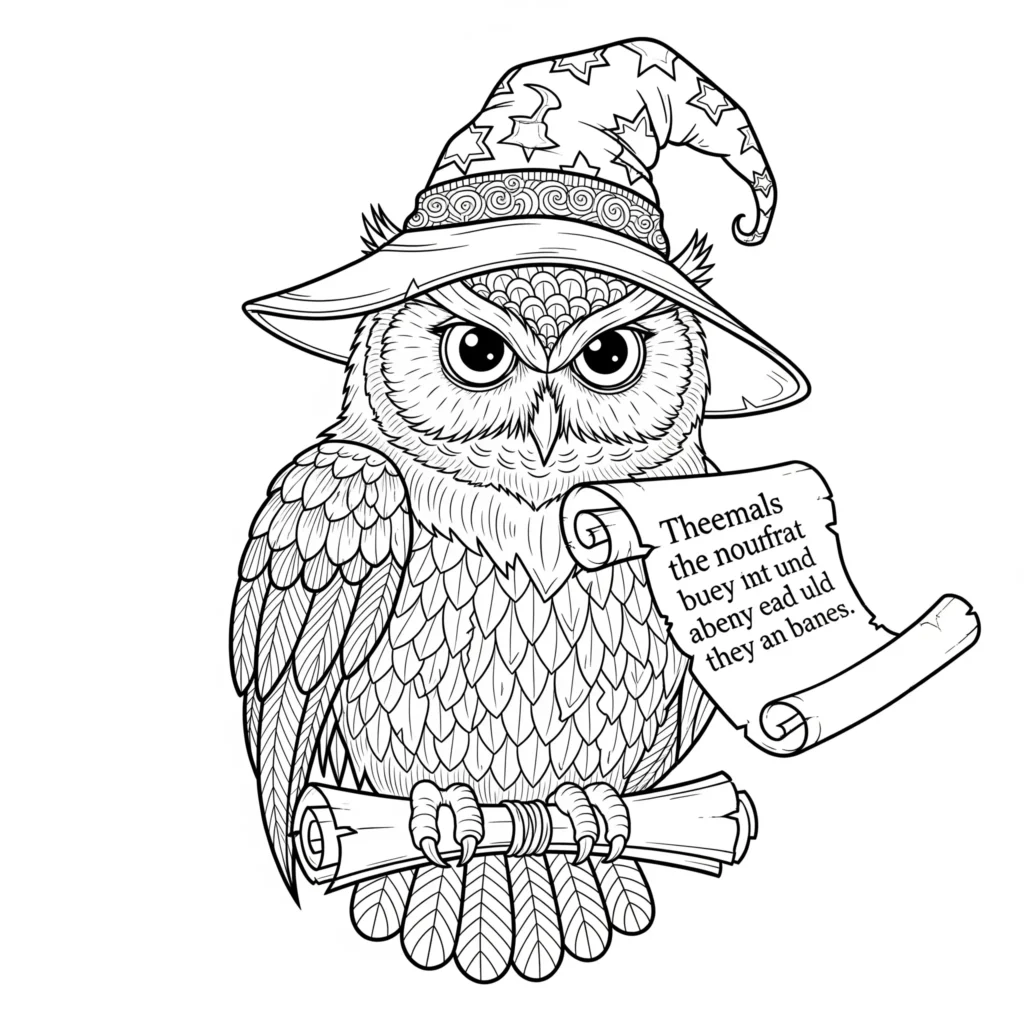16 Eule Ausmalbilder (Kostenlos Eulen Malvorlage zum drucken) Eule hält eine Schriftrolle als Ausmalbild für Kinder zum Ausdrucken im PDF-Format