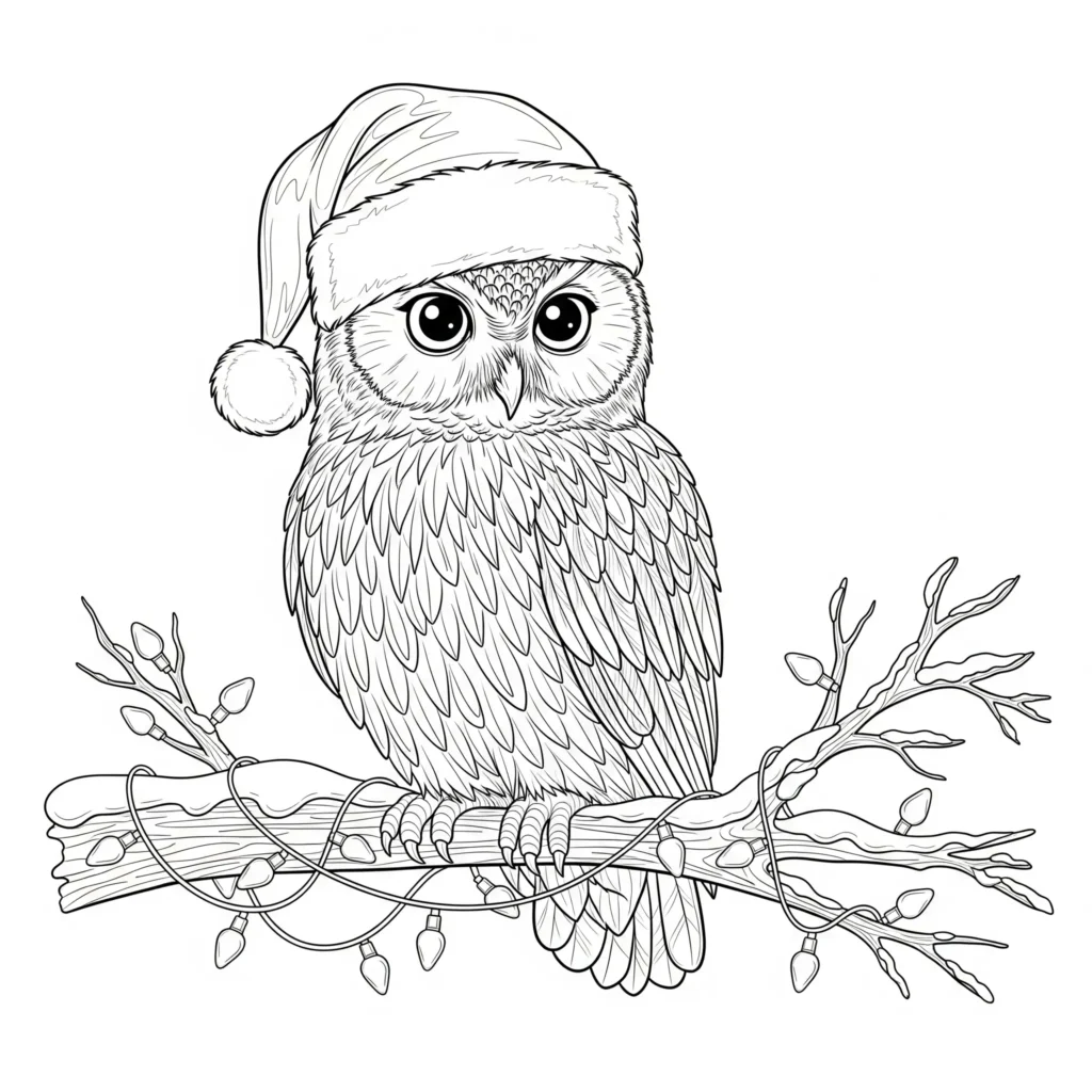16 Eule Ausmalbilder (Kostenlos Eulen Malvorlage zum drucken) Eule trägt eine Weihnachtsmütze als Ausmalbild für Kinder zum Ausdrucken im PDF-Format