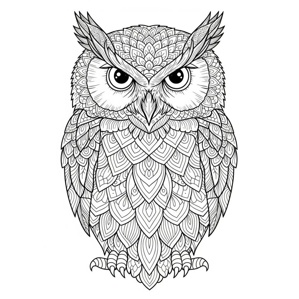 16 Eule Ausmalbilder (Kostenlos Eulen Malvorlage zum drucken) Mandala mit einer Eule als Ausmalbild zum kostenlosen Ausdrucken für Kinder und Erwachsene im PDF-Format