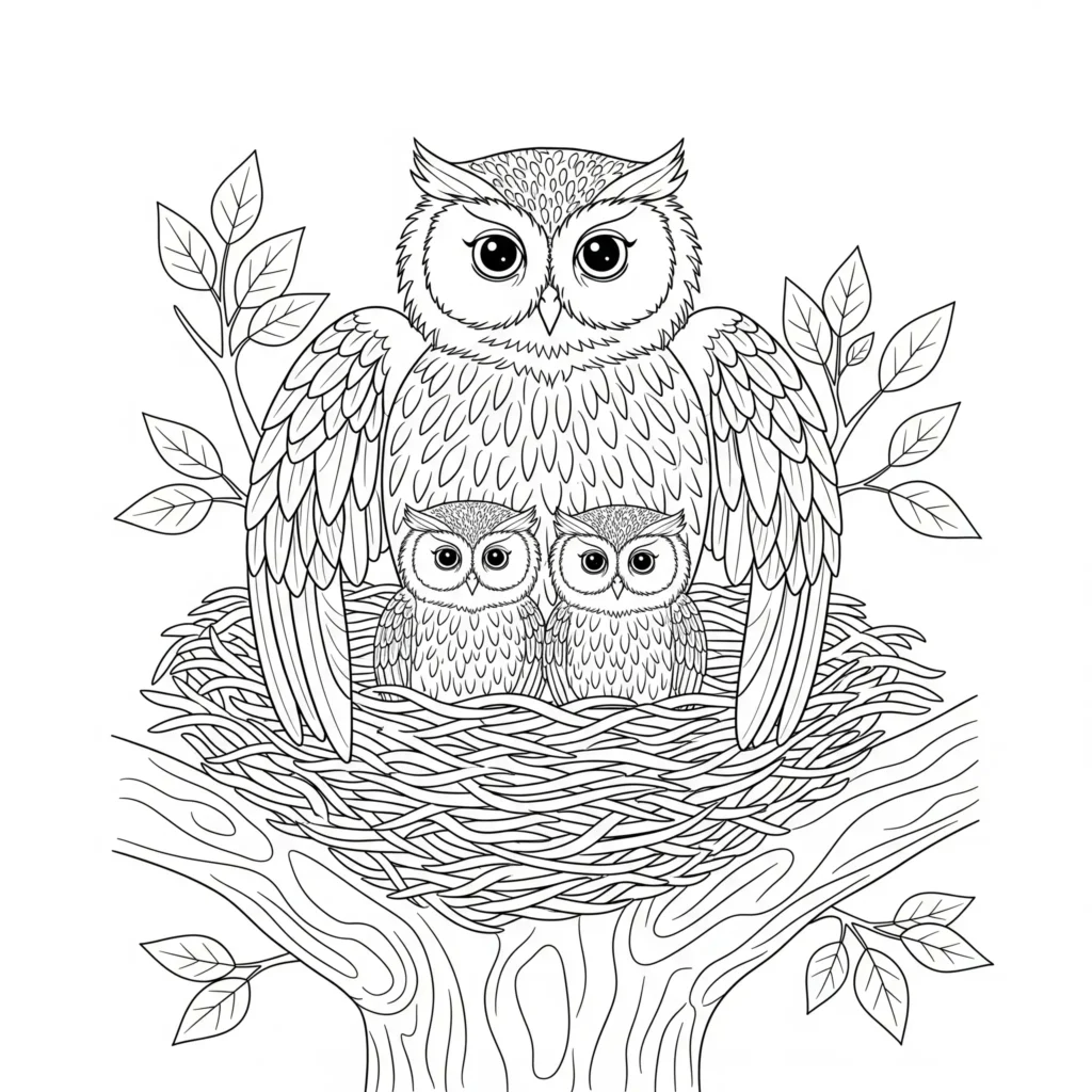 16 Eule Ausmalbilder (Kostenlos Eulen Malvorlage zum drucken) Eulenfamilie sitzt zusammen in einem Nest als Ausmalbild für Kinder zum Ausdrucken im PDF-Format