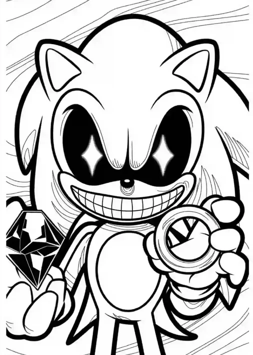 Sonic.exe Coloring Pages – Free Printable for Kids & Adults evil Sonic holding a gem in one hand and a ring in the other