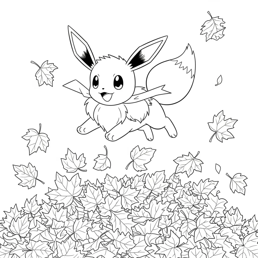 20 Evoli Ausmalbilder (Gratis Pokémon Malvorlage drucken) fröhliches evoli ausmalbild beim spielen in bunten herbstblättern – ideal zum ausdrucken für alle altersgruppen