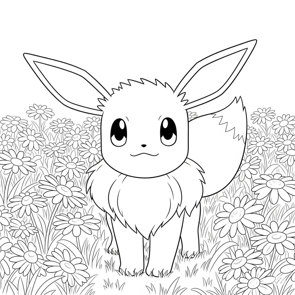 20 Evoli Ausmalbilder (Gratis Pokémon Malvorlage drucken) evoli mit eevee umgeben von blumen – eine schöne malvorlage für kinder und erwachsene zum ausdrucken