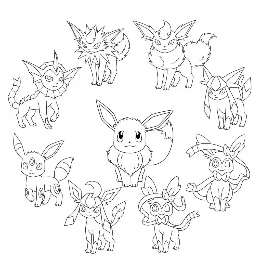 20 Evoli Ausmalbilder (Gratis Pokémon Malvorlage drucken) in dieser evoli malvorlage kostenlos sind alle entwicklungen des pokemons abgebildet – perfekt zum ausmalen für große pokemon-fans