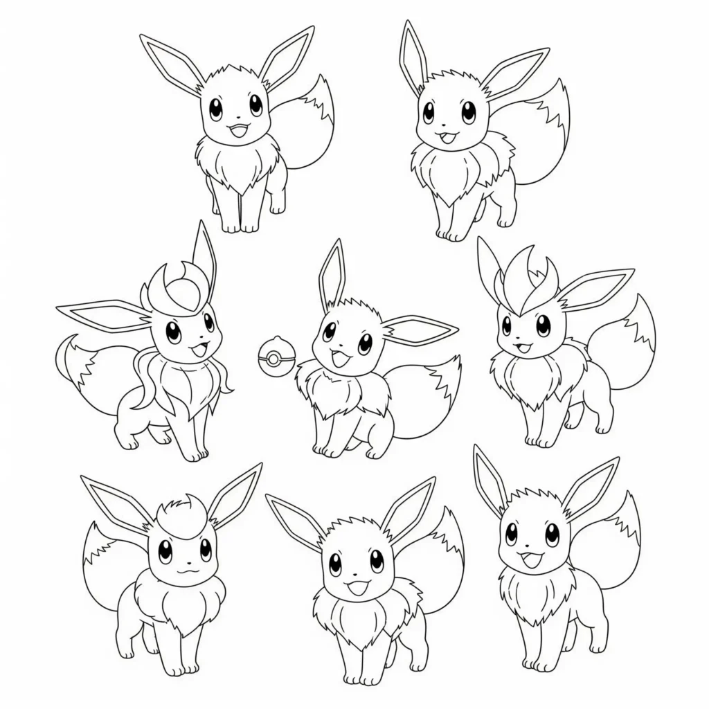 20 Evoli Ausmalbilder (Gratis Pokémon Malvorlage drucken) evoli ausmalbilder zum ausdrucken mit mehreren pokemon in verschiedenen posen als kostenlose malvorlage für kinder und erwachsene