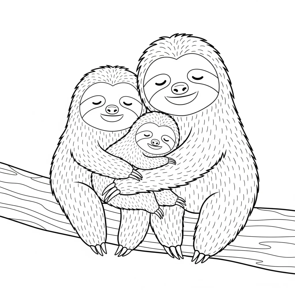 Faultier Ausmalbilder (Kostenlos Malvorlage zum Ausdrucken) Dieses liebevoll gestaltete Faultier ausmalbild zeigt eine Familie mit Baby. Eine schöne Faultier malvorlage für Kinder zum Ausdrucken und Ausmalen.