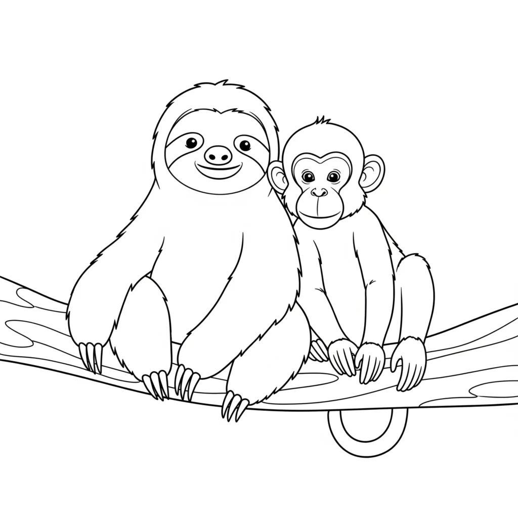 Faultier Ausmalbilder (Kostenlos Malvorlage zum Ausdrucken) Faultier ausmalbild zum Ausdrucken kostenlos. Ein fröhliches Faultier sitzt mit einem Affen zusammen auf einem Ast – eine unterhaltsame Malvorlage für Kinder.