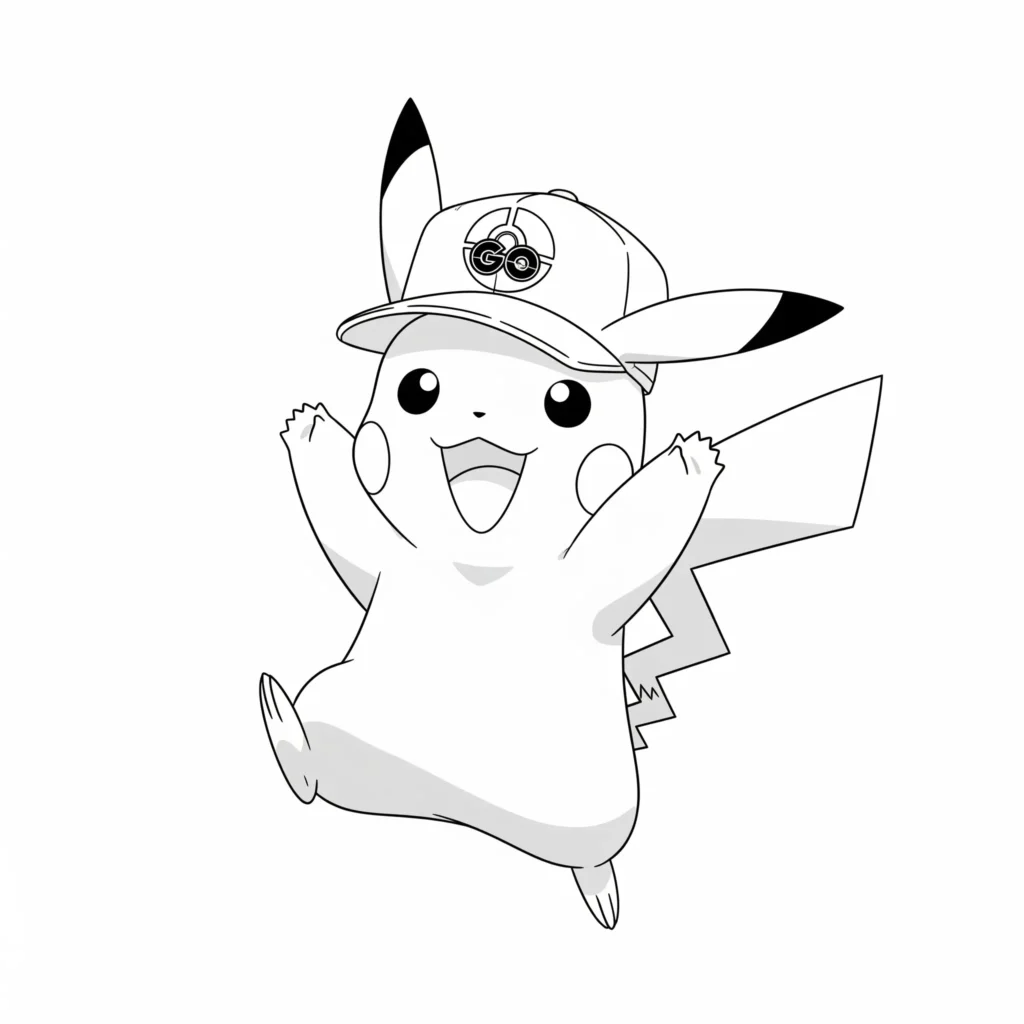 30 Pikachu Ausmalbilder (Gratis Pokémon Malvorlage zum drucken) Diese Ausmalvorlage zeigt Pikachu aus Pokémon GO in einer feiernden Pose mit erhobenen Armen – perfekt für fröhliche und kreative Ausmalmomente.