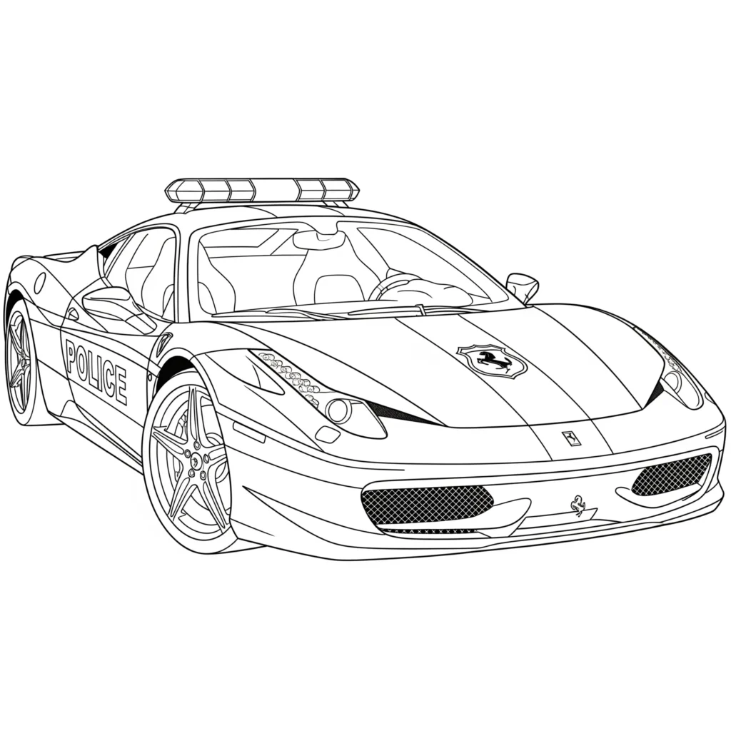 12 Polizeiauto Ausmalbilder (Kostenlos Malvorlage zum Drucken) Ausmalbild eines Ferrari Polizeiautos mit sportlichem Design zum Ausdrucken und Ausmalen für Kinder
