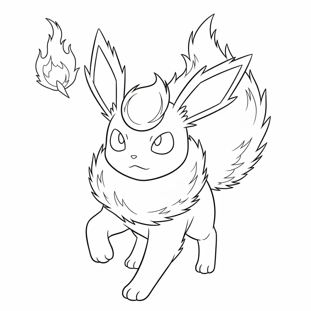 20 Evoli Ausmalbilder (Gratis Pokémon Malvorlage drucken) flareon evoli ausmalbild mit lodernen flammen rund um das feuertyp-pokemon – kostenlose malvorlage zum ausdrucken für kinder und erwachsene