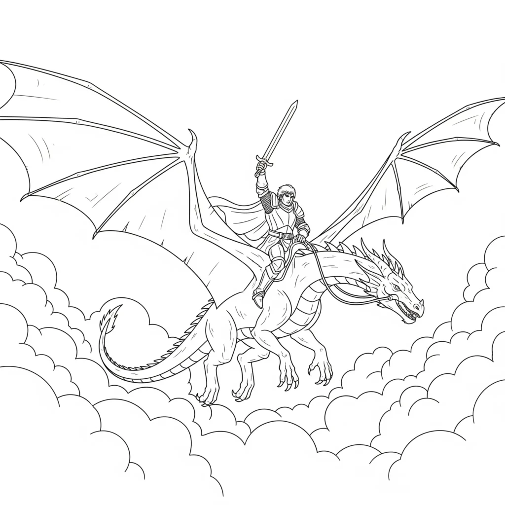 Fliegender Drache mit tapferem Reiter zum Ausmalen und Ausdrucken