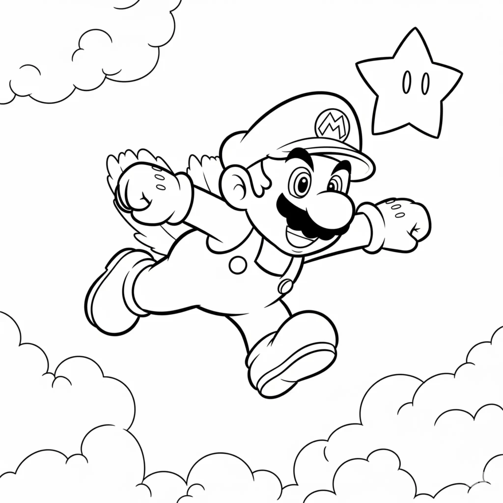 Ausmalbild von Mario beim Fliegen mit einem leuchtenden Stern in der Hand – perfekt zum Ausdrucken und Ausmalen für Kinder
