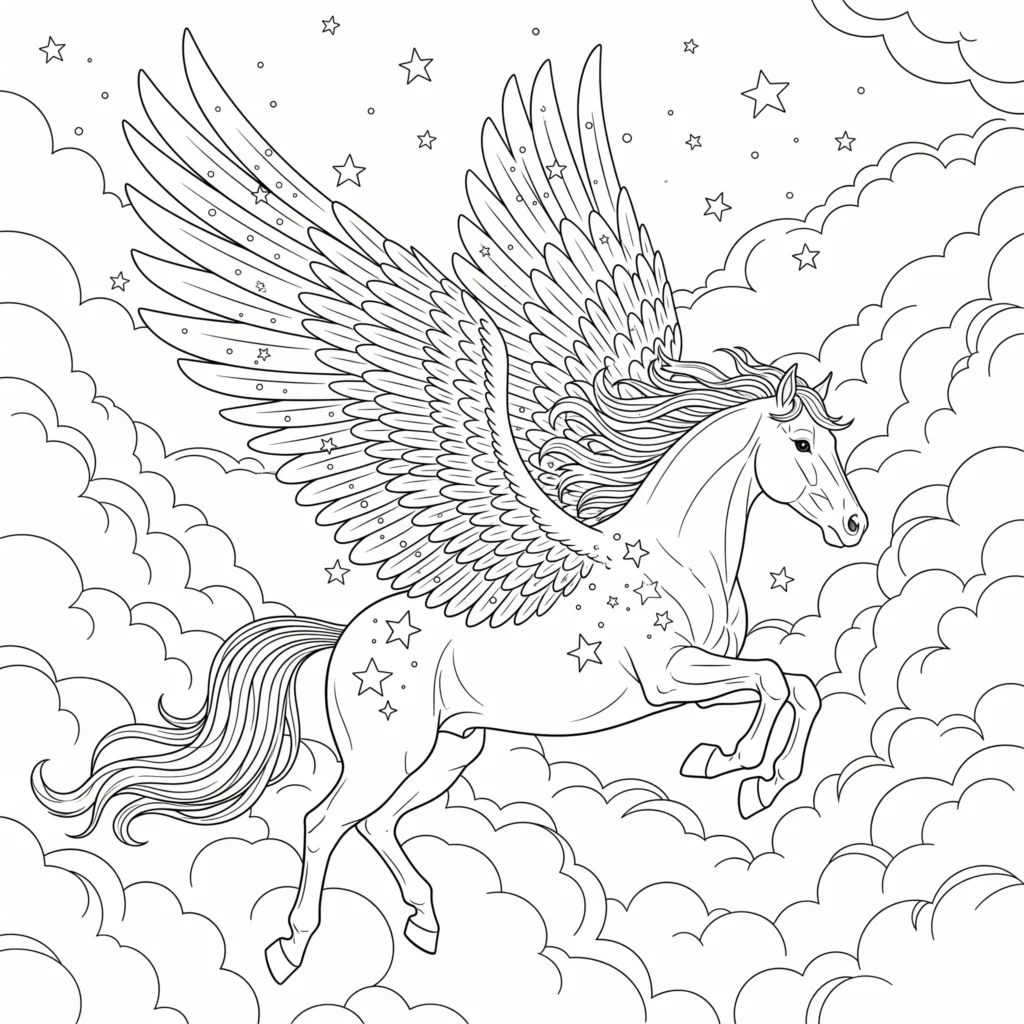 10+ Pegasus Ausmalbilder (Gratis Malvorlage zum Ausdrucken) Ausmalbild eines fliegenden Pegasus mit funkelnden Flügeln zum Ausdrucken als PDF für Kinder und kreative Erwachsene
