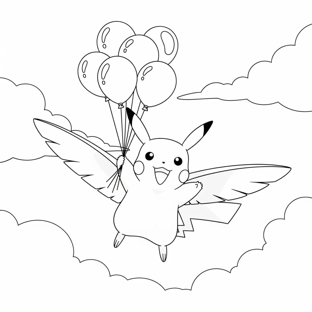 30 Pikachu Ausmalbilder (Gratis Pokémon Malvorlage zum drucken) Diese Ausmalvorlage zeigt Pikachu, wie er an bunten Ballons durch die Luft schwebt – ein fröhliches Motiv für Kinder zum Ausdrucken und Ausmalen.