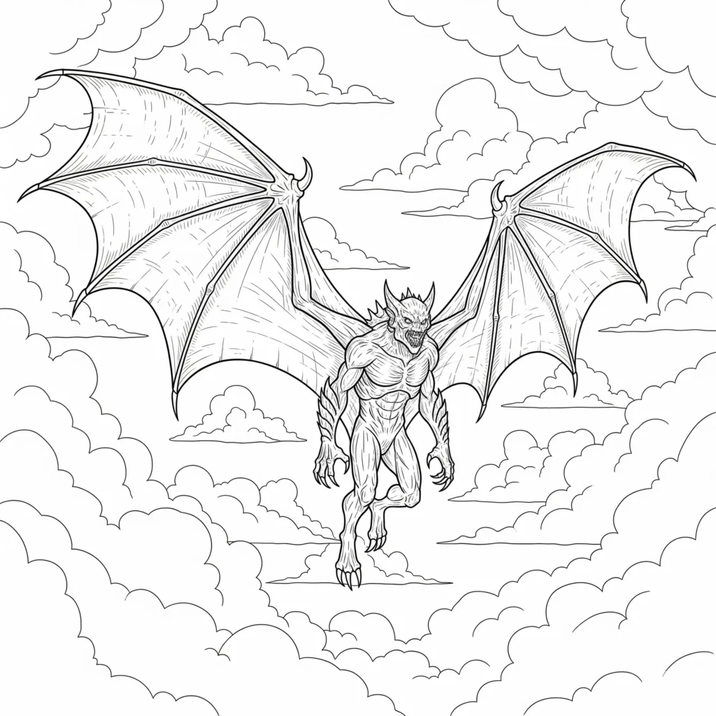 14 Monster Ausmalbilder (Malvorlage für Kinder und Erwachsene) Ausmalbild eines fliegenden Monsters mit Flügeln für Kinder zum Ausdrucken und Ausmalen kostenlos