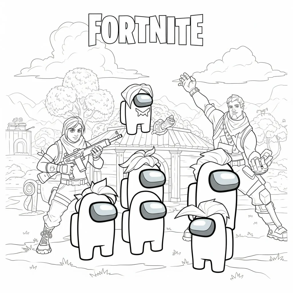 40+ Fortnite Ausmalbilder (Gratis Malvorlage zum Ausdrucken) Fortnite und Among Us fusionieren in diesem Ausmalbild – perfekte Vorlage für Kinder und Fans zum Ausdrucken