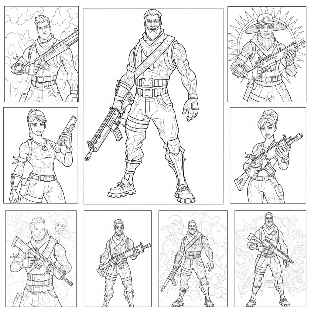 40+ Fortnite Ausmalbilder (Gratis Malvorlage zum Ausdrucken) Fortnite ausmalbilder zum ausdrucken mit verschiedenen Charakteren in einer coolen Gruppenszene für Kinder und Erwachsene