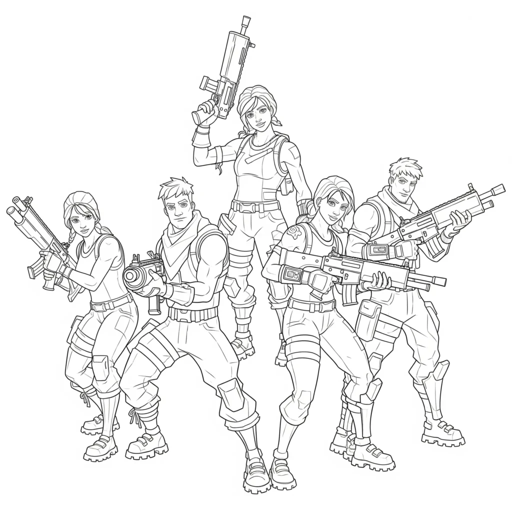 40+ Fortnite Ausmalbilder (Gratis Malvorlage zum Ausdrucken) Fortnite ausmalbild kinder mit mehreren default skins in kampfpose als spannende vorlage zum ausdrucken
