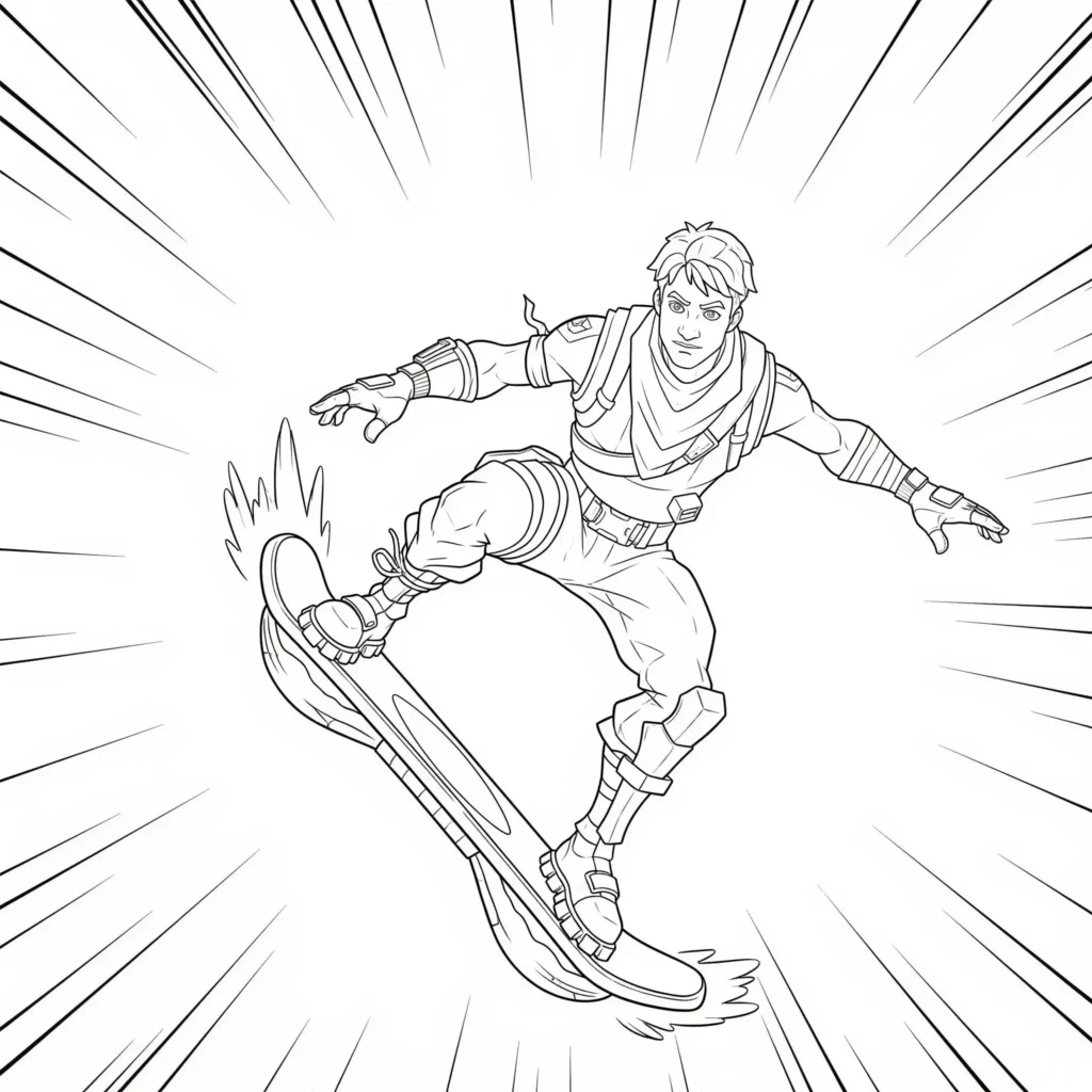 40+ Fortnite Ausmalbilder (Gratis Malvorlage zum Ausdrucken) Ausmalbild eines Fortnite-Charakters, der dynamisch auf einem Hoverboard über das Gelände gleitet – perfekt für junge Fans