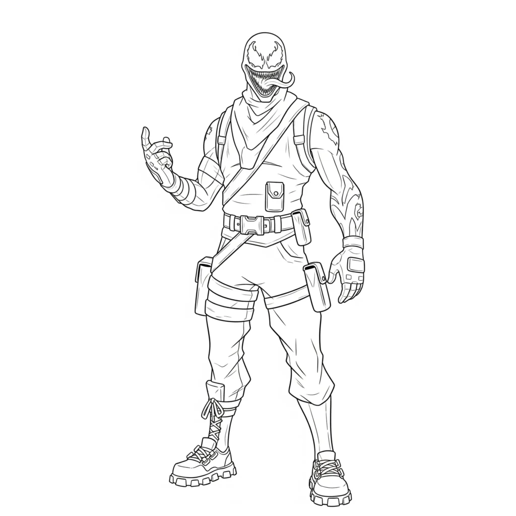 40+ Fortnite Ausmalbilder (Gratis Malvorlage zum Ausdrucken) Kostenloses Ausmalbild von Fortnite Venom – mächtiger Charakter in schwarz-weißer Malvorlage