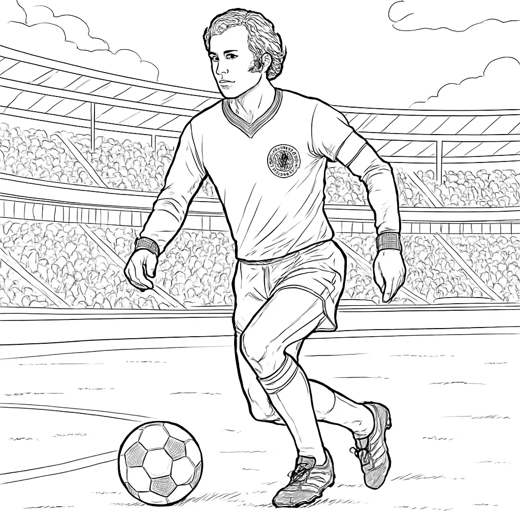 36 Ausmalbilder Fussball (Gratis Fußball Malvorlage drucken) Ausmalbild Franz Beckenbauer im Nationaltrikot beim Fußballspiel, kontrolliert den Ball auf dem Spielfeld, Stadion im Hintergrund.