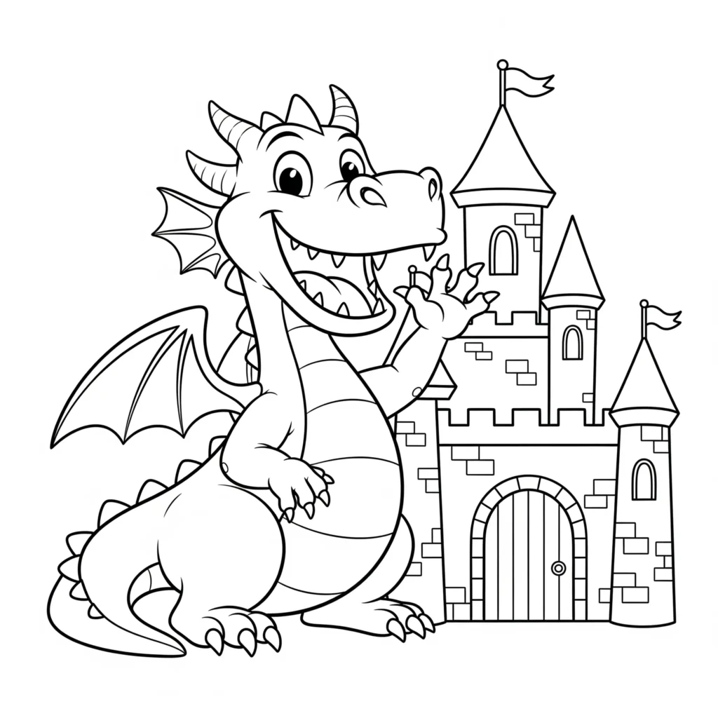Fröhlicher Cartoon Drache winkt zum Ausmalen und Ausdrucken für Kinder