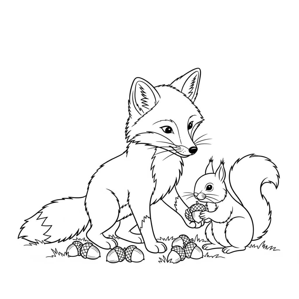 10+ Fuchs Ausmalbilder (Kostenlos Malvorlage zum Ausdrucken) fuchs ausmalbild zum ausdrucken mit einem fuchs und einem eichhoernchen die gemeinsam eicheln sammeln als herbstliche vorlage für kinder