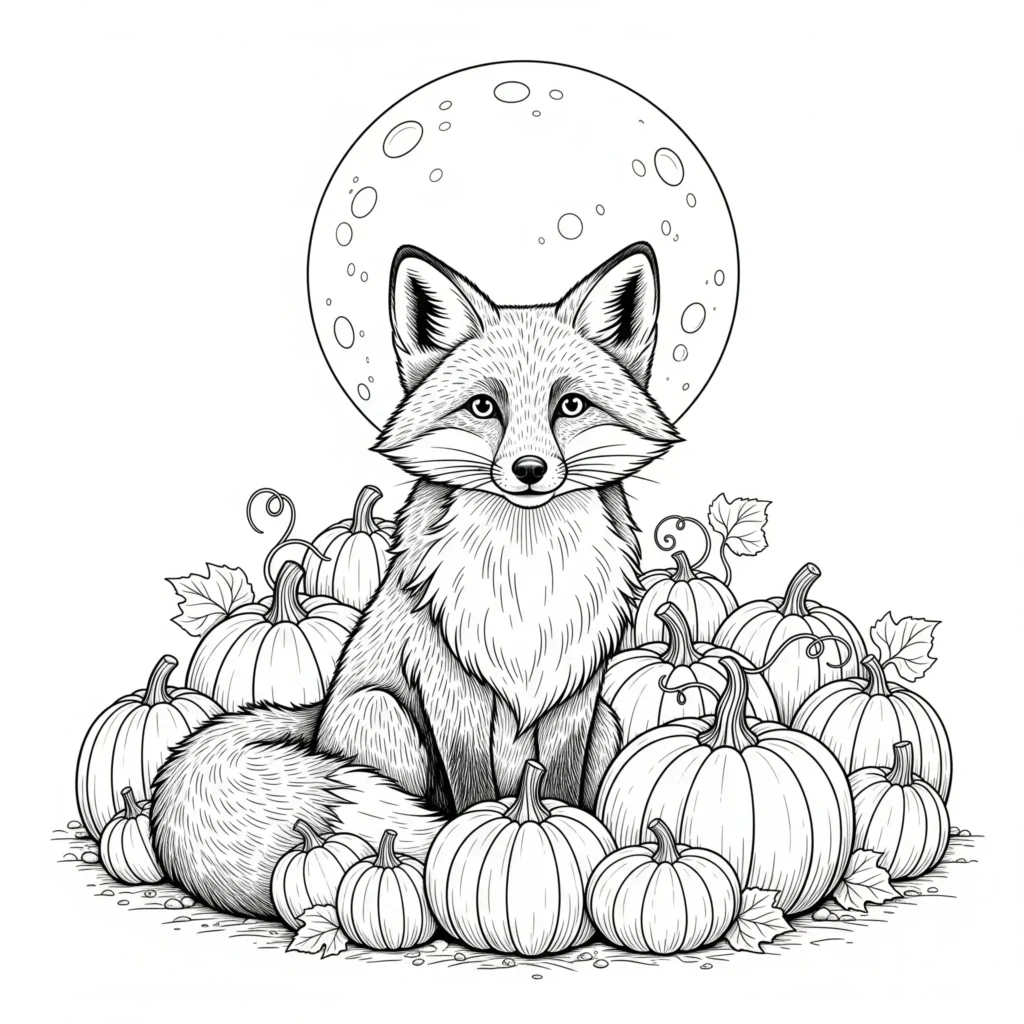 10+ Fuchs Ausmalbilder (Kostenlos Malvorlage zum Ausdrucken) fuchs ausmalbild kinder zeigt einen fuchs zwischen mehreren kuerbissen auf einem herbstlichen feld als saisonale druckvorlage zum ausmalen