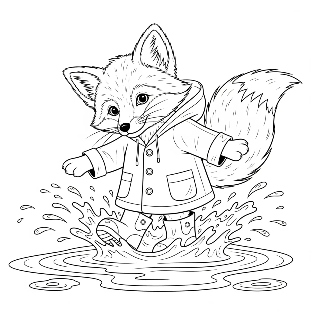 10+ Fuchs Ausmalbilder (Kostenlos Malvorlage zum Ausdrucken) fuchs ausmalbild kinder mit einem fröhlichen fuchs der im regen spielt und durch pfützen springt als einfache vorlage zum ausdrucken