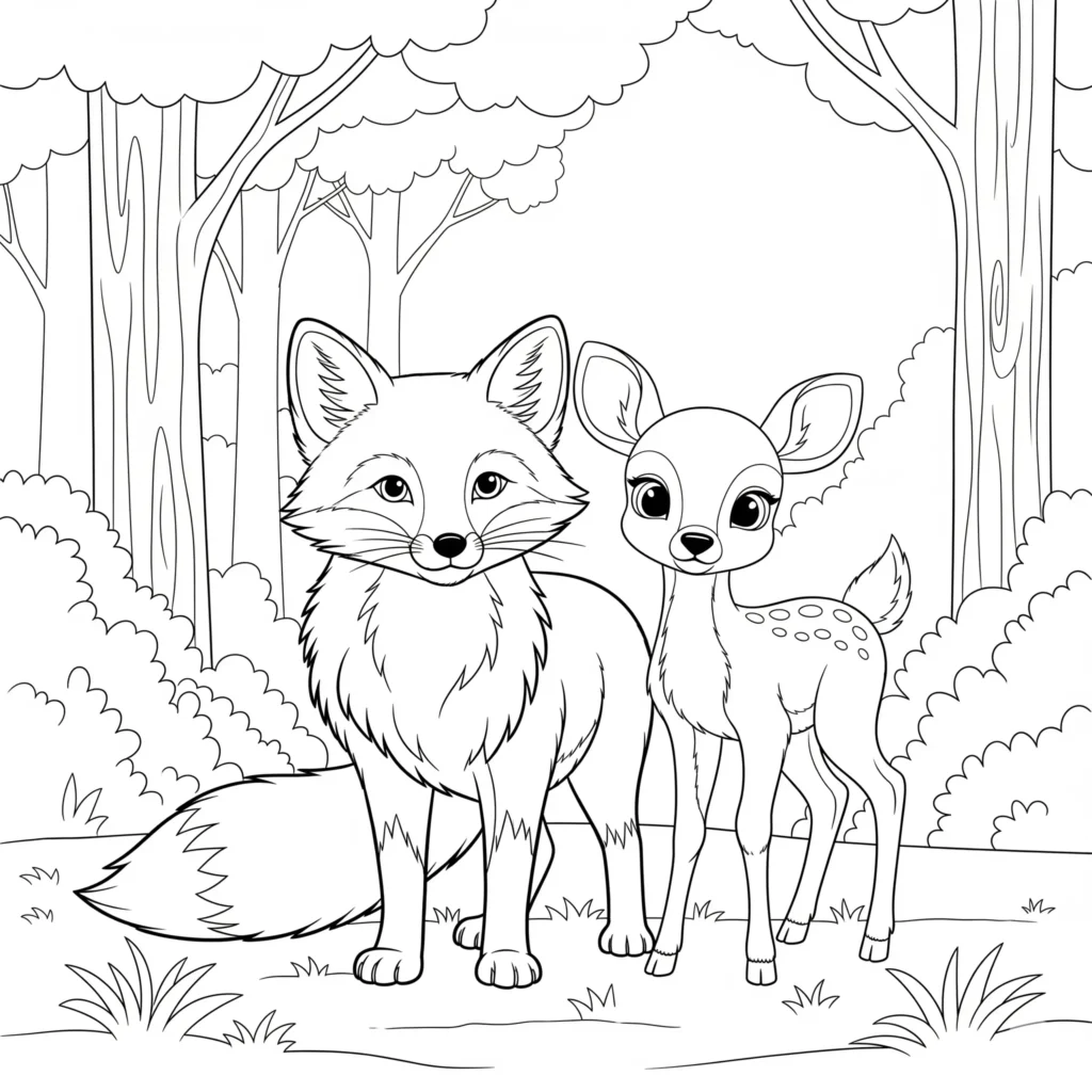 10+ Fuchs Ausmalbilder (Kostenlos Malvorlage zum Ausdrucken) fuchs ausmalbild zum ausdrucken mit einem reh und einem fuchs gemeinsam im wald als ruhige naturvorlage für kinder geeignet