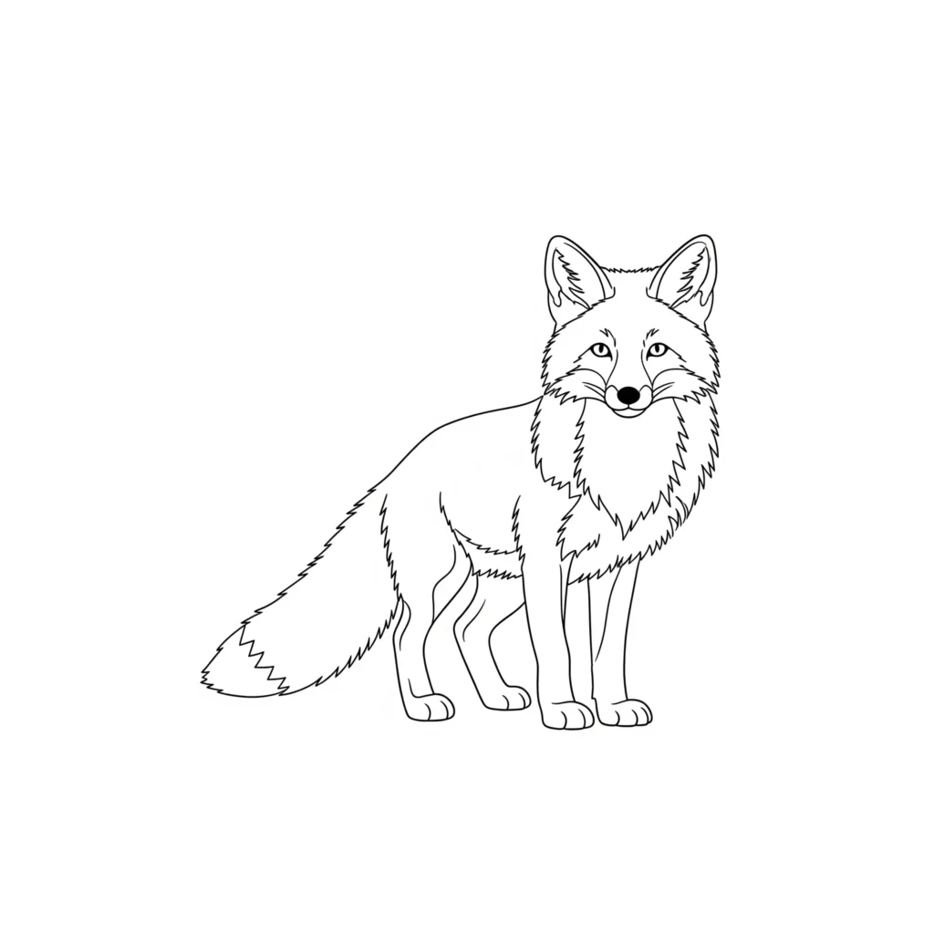 10+ Fuchs Ausmalbilder (Kostenlos Malvorlage zum Ausdrucken) fuchs ausmalbild einfach mit einem klaren umriss eines stehenden fuchses als leichte vorlage zum ausdrucken für kinder