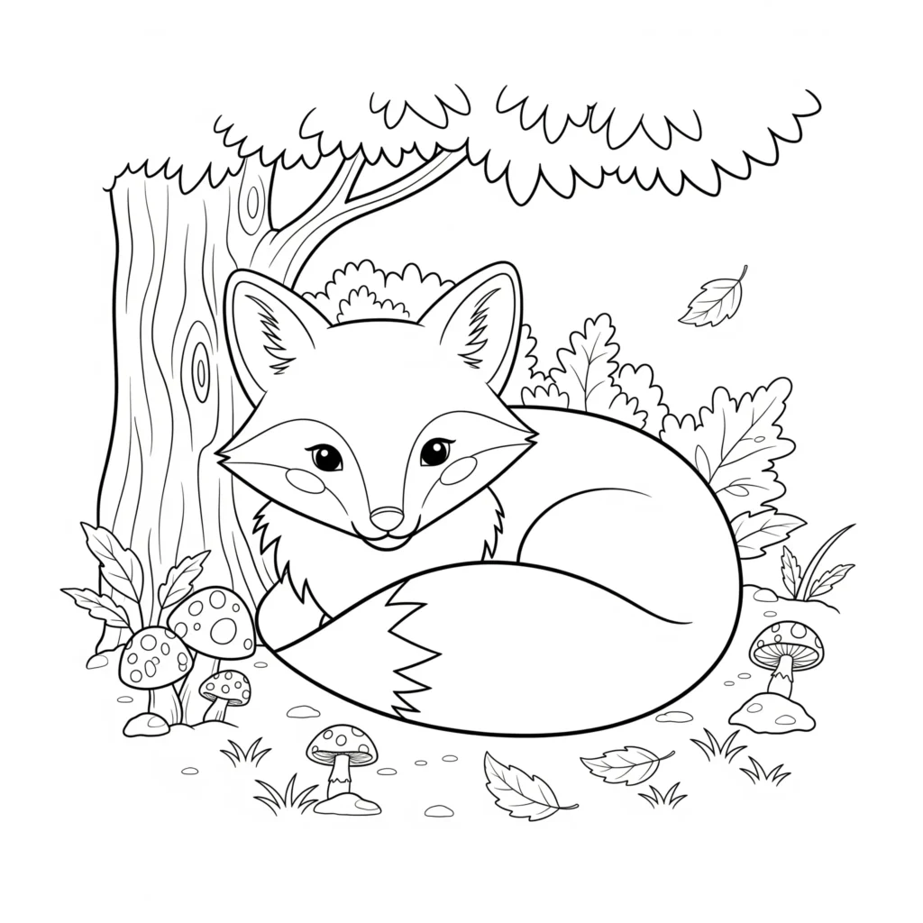Ein roter Fuchs sitzt ruhig auf dem Waldboden zwischen bunten Herbstblättern. Kinder können die Tiere, Bäume und Blätter farbenfroh gestalten