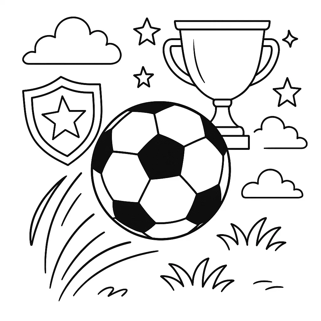 36 Ausmalbilder Fussball (Gratis Fußball Malvorlage drucken) Fußball Ausmalbild – Fußball mit Bewegungslinien, Pokal, Sterne, Wolken und Wappen als Hintergrund.