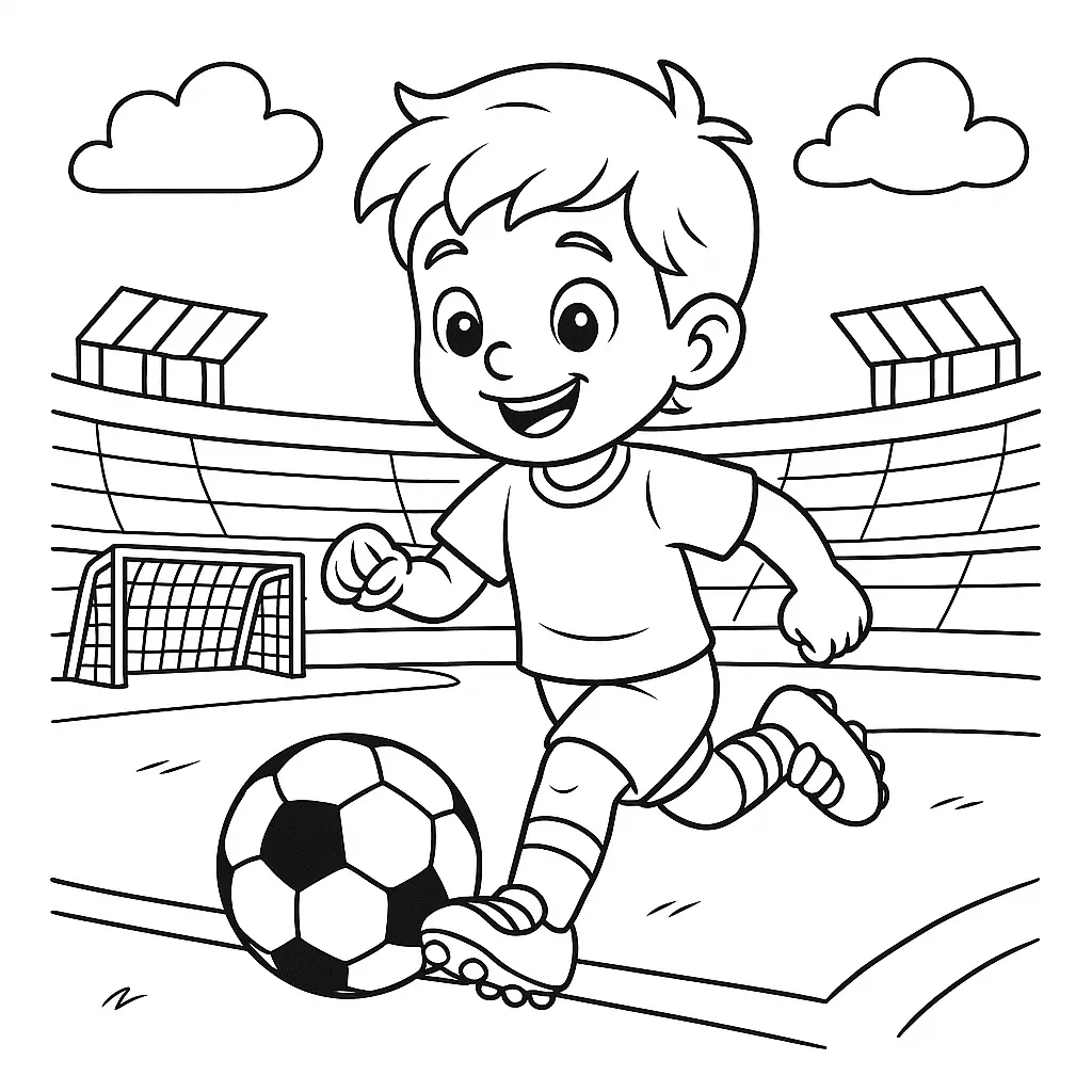 36 Ausmalbilder Fussball (Gratis Fußball Malvorlage drucken) Ausmalbild Fröhlicher Junge spielt Fußball auf dem Feld, mit Stadion und Tor im Hintergrund.
