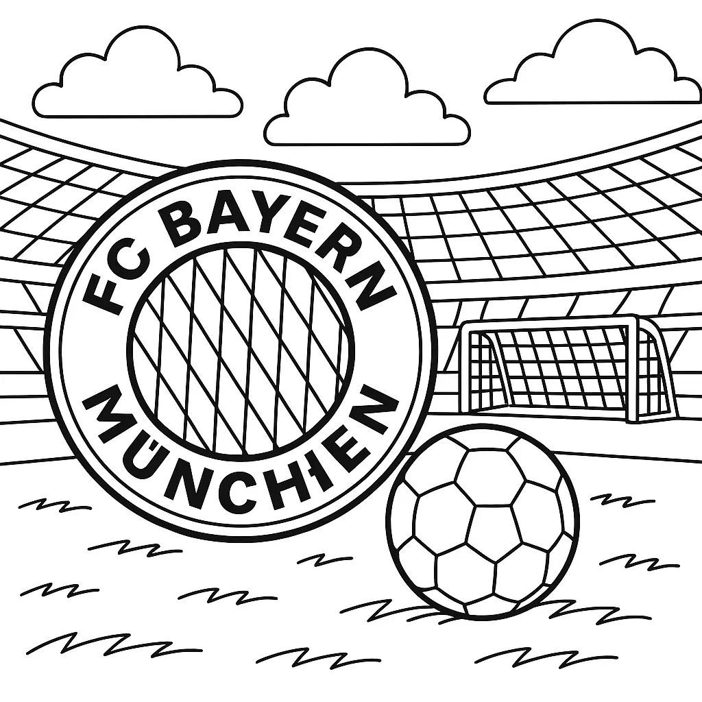 36 Ausmalbilder Fussball (Gratis Fußball Malvorlage drucken) Ausmalbild FC Bayern München Logo im Stadion mit Ball und Tor im Hintergrund.