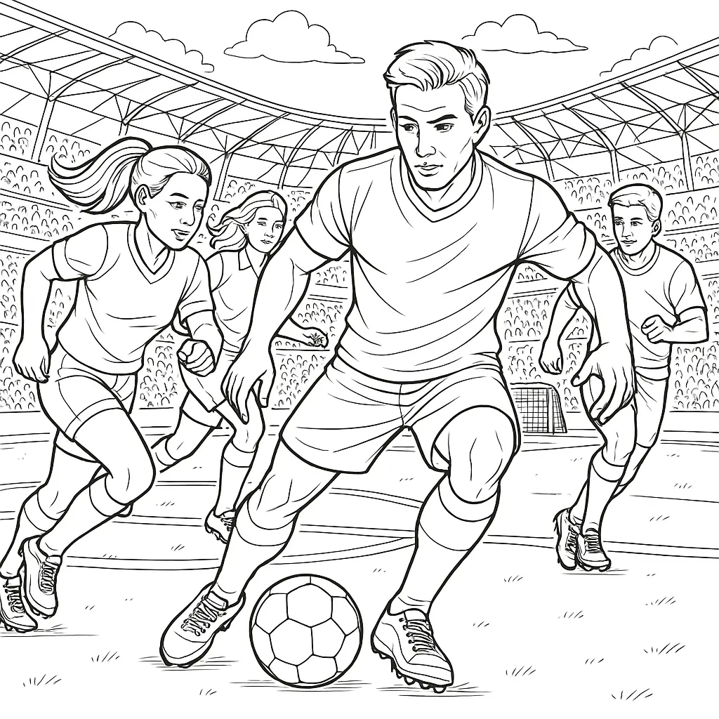 36 Ausmalbilder Fussball (Gratis Fußball Malvorlage drucken) Ausmalbild – Erwachsene Frauen und Männer spielen gemeinsam Fußball im Stadion, dynamische Spielsituation mit Ball und Zuschauern.