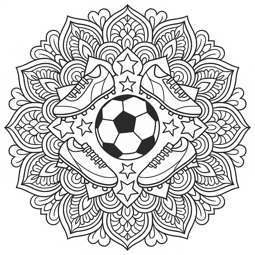 36 Ausmalbilder Fussball (Gratis Fußball Malvorlage drucken) Ausmalbild Mandala mit Fußball in der Mitte, umgeben von Fußballschuhen, Sternen und detaillierten Mustern.