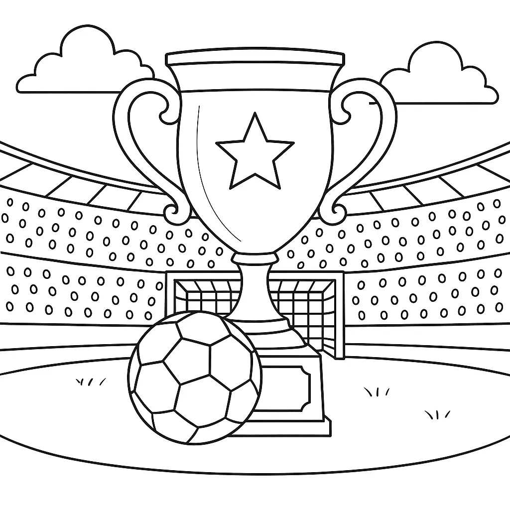 36 Ausmalbilder Fussball (Gratis Fußball Malvorlage drucken) Ausmalbild Fußballpokal mit Stern auf einem Podest, Fußball im Vordergrund, Stadion im Hintergrund.